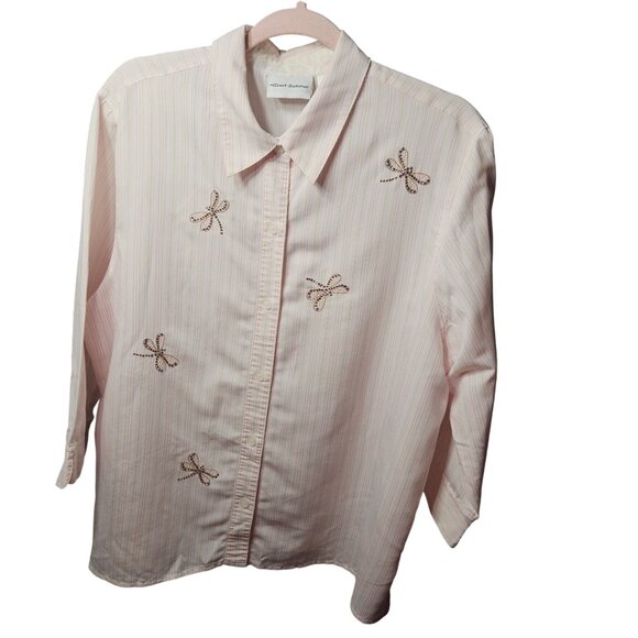 Alfred Dunner Pink Striped Button-Up Shirt With Rhinestone Dragonfly Accents Wom - Picture 1 of 6